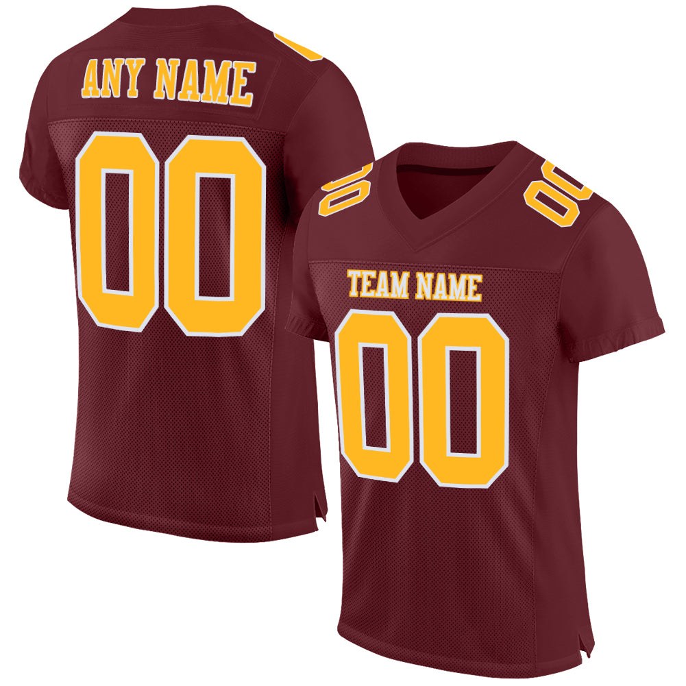 Custom Burgundy Gold-White Mesh Authentic Football Jersey photo 1