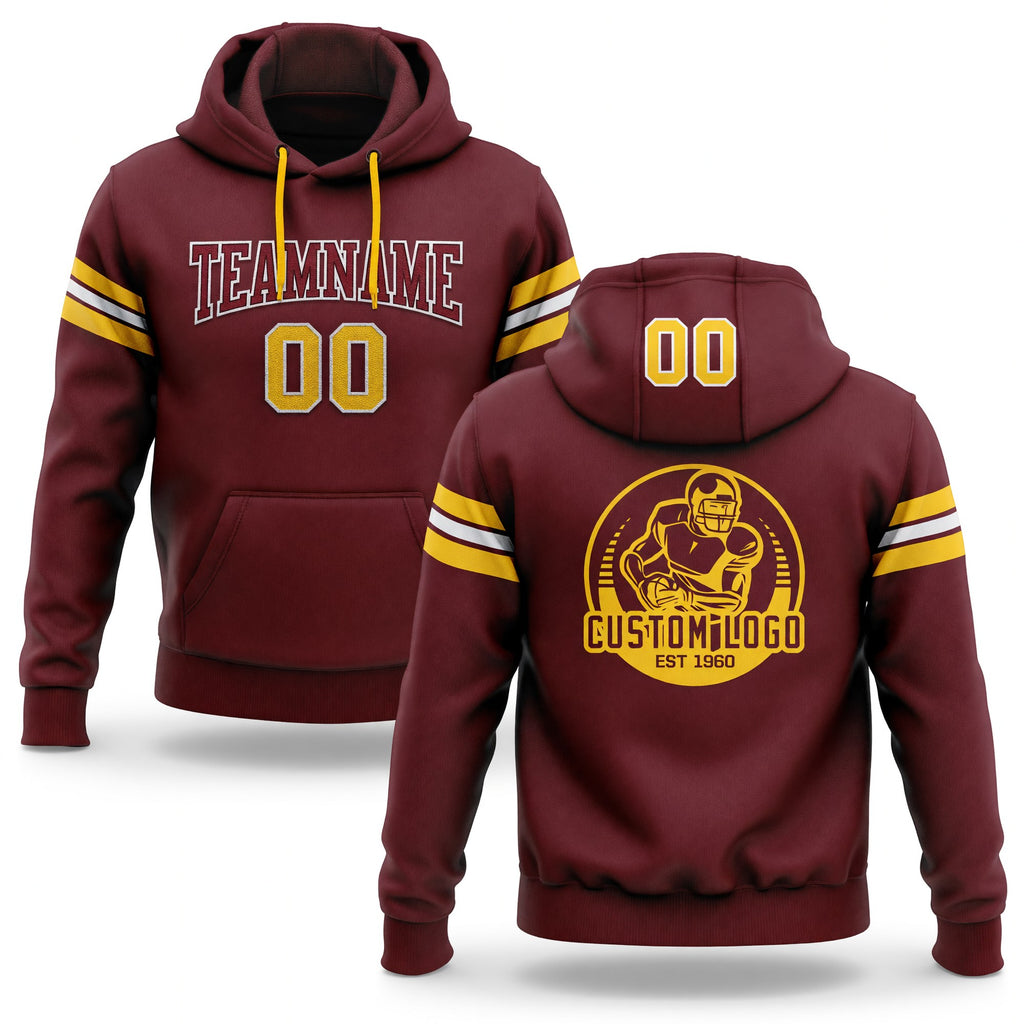 Custom Stitched Burgundy Gold-White Football Pullover Sweatshirt Hoodie