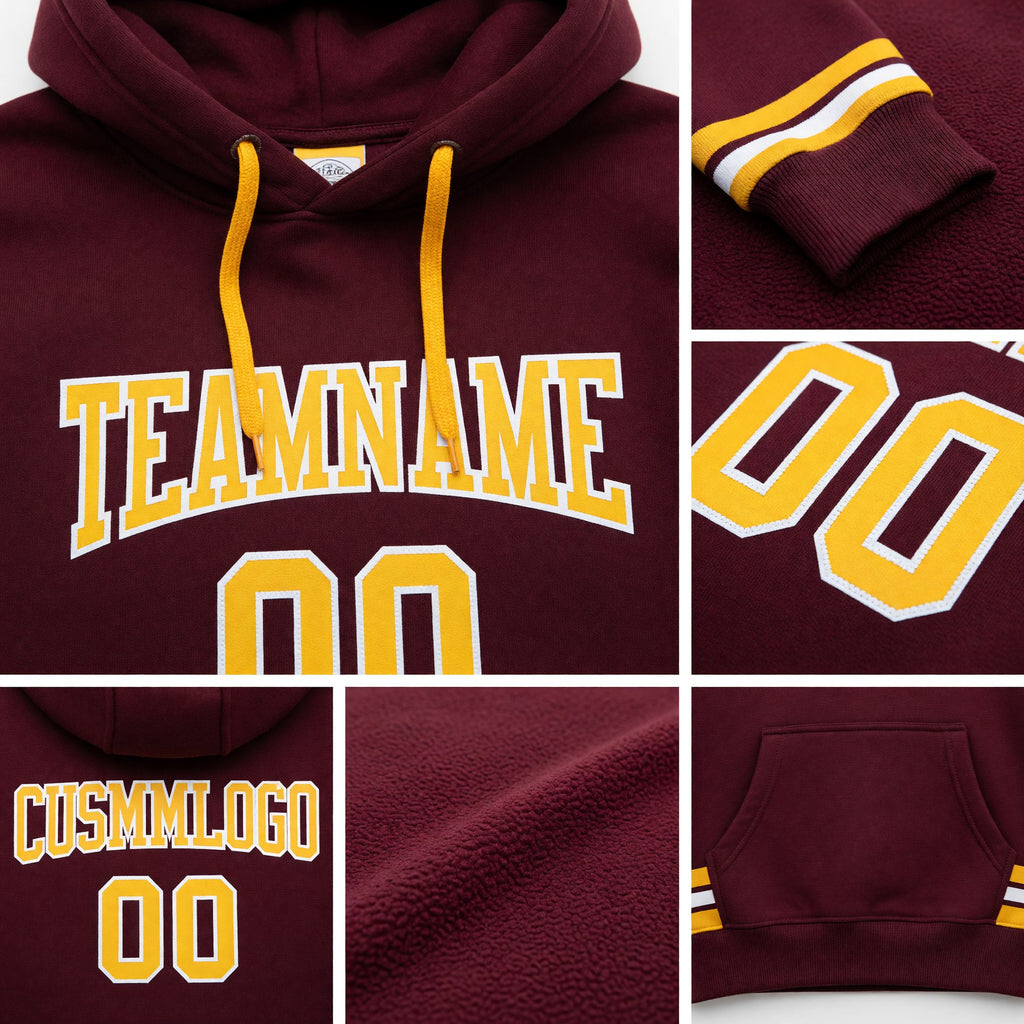 Custom Stitched Burgundy Gold-White Football Pullover Sweatshirt Hoodie detail