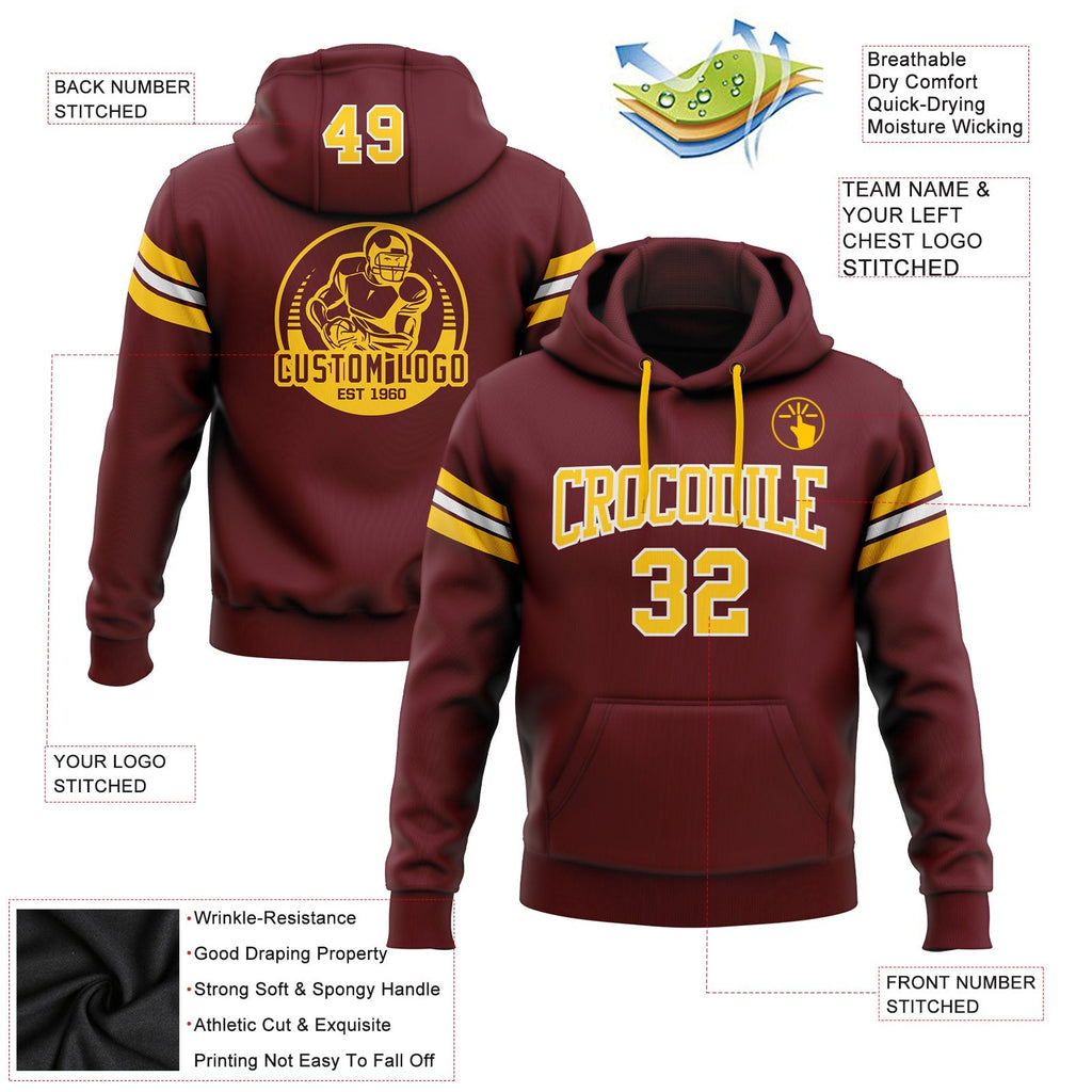 Custom Stitched Burgundy Gold-White Football Pullover Sweatshirt Hoodie photo 2