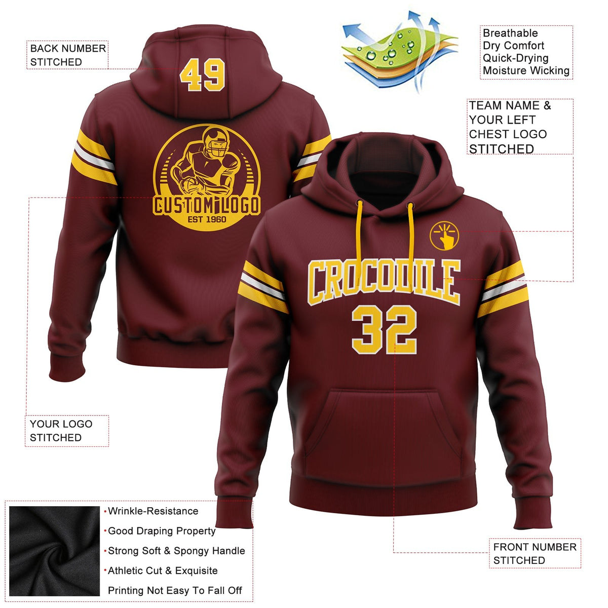 Custom Stitched Burgundy Gold-White Football Pullover Sweatshirt Hoodie photo 2