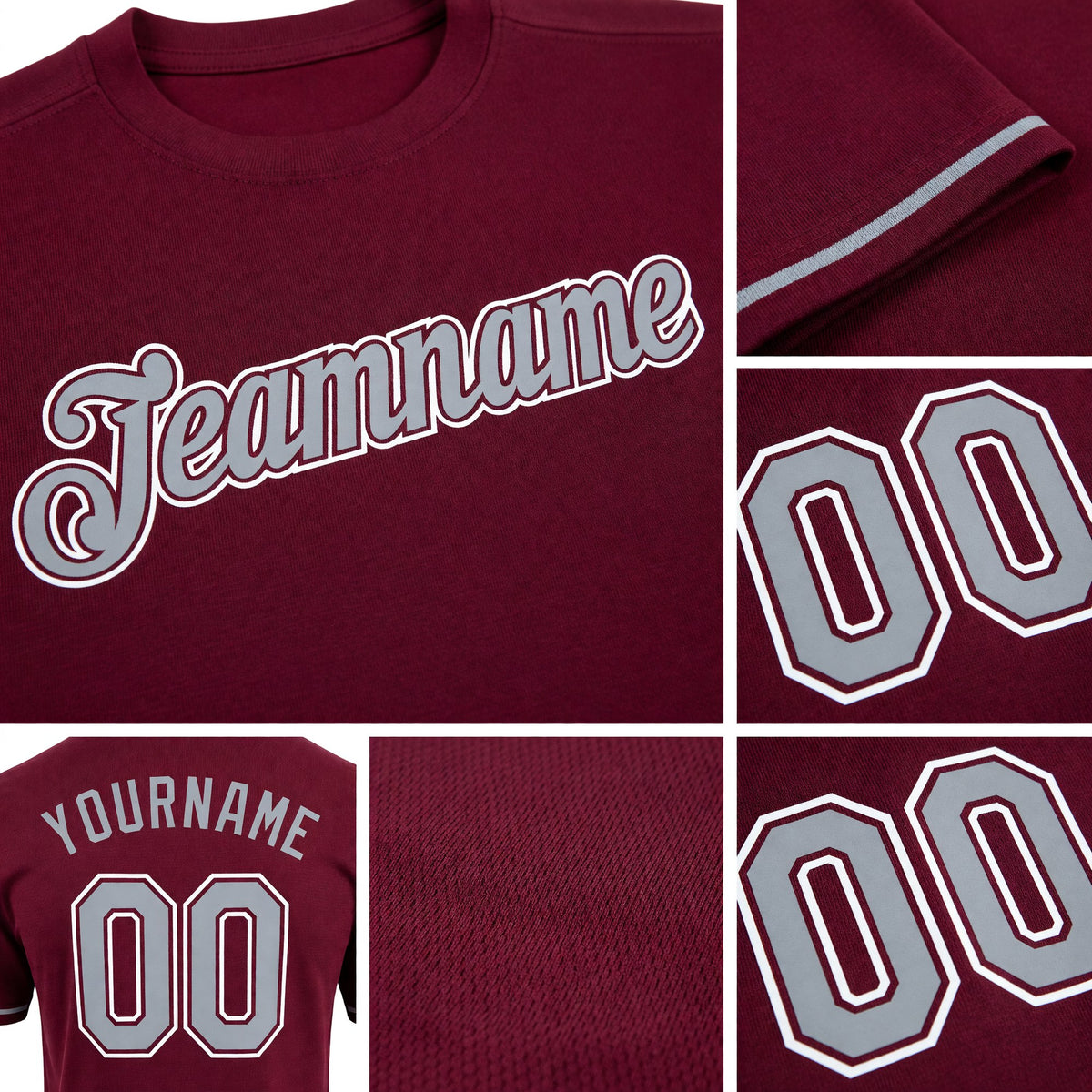 Custom Burgundy Gray-White Performance T-Shirt detail