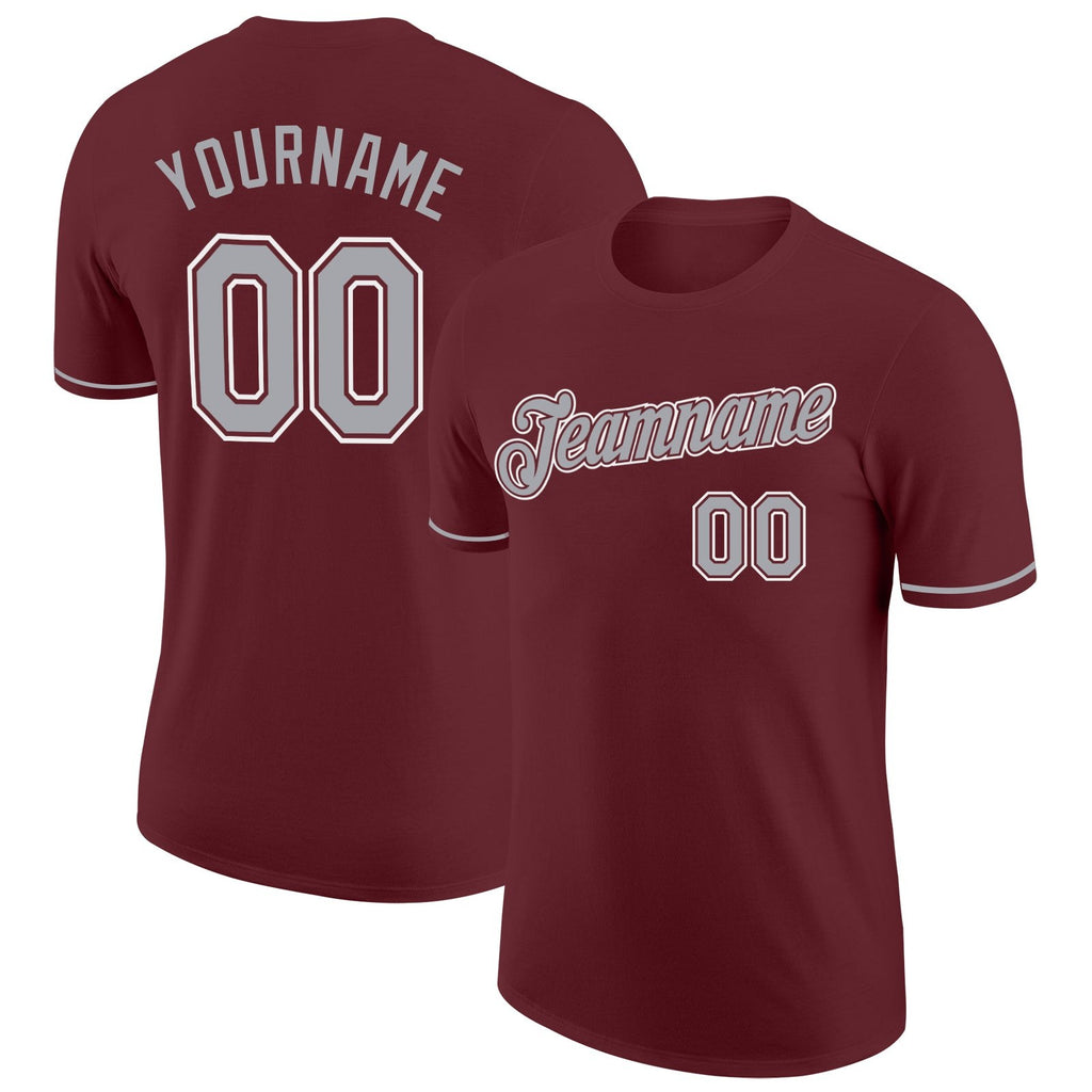 Custom Burgundy Gray-White Performance T-Shirt photo 1