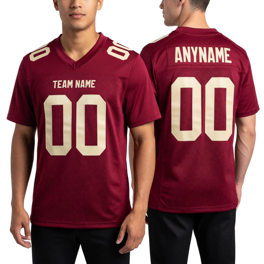 Custom Burgundy Cream Mesh Authentic Football Jersey worn front and back