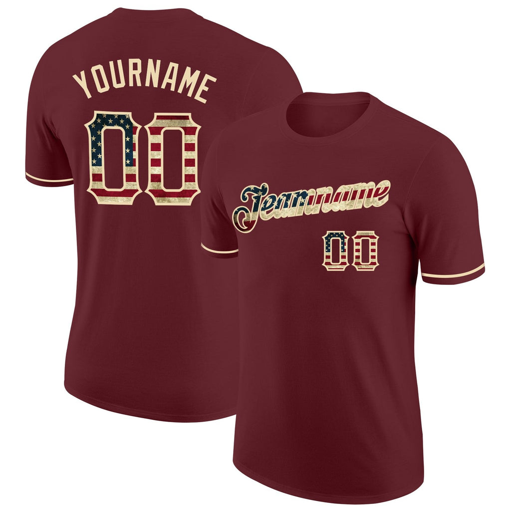 Custom Burgundy Vintage USA Flag-City Cream Performance T-Shirt photo 1