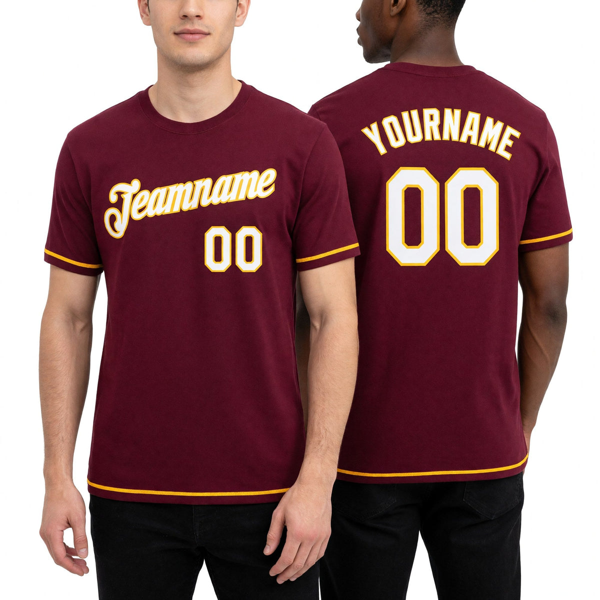 Custom Burgundy White-Yellow Performance T-Shirt worn front and back