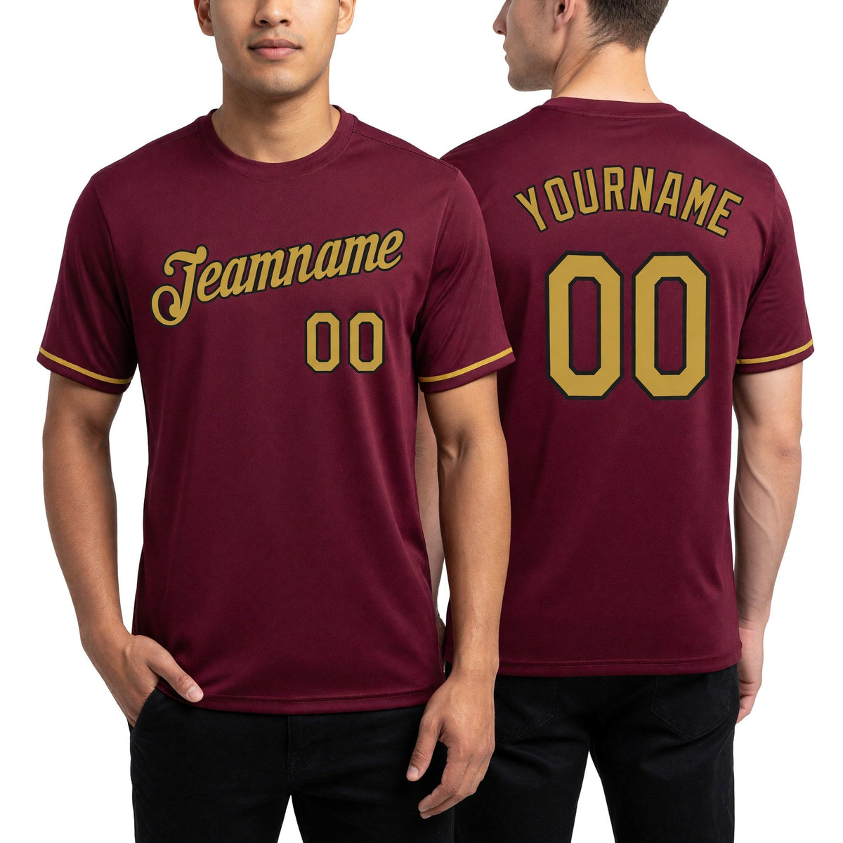 Custom Burgundy Old Gold-Black Performance T-Shirt worn front and back