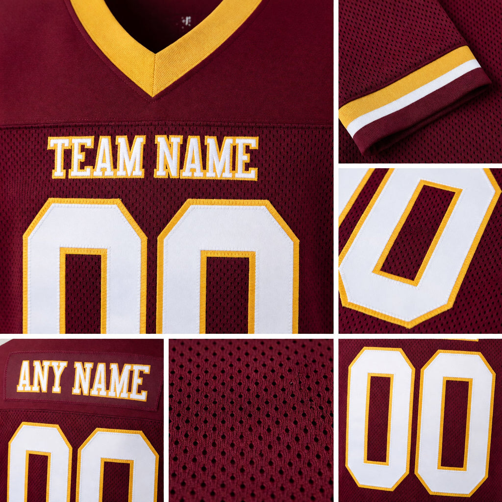 Custom Burgundy White-Old Gold Mesh Authentic Football Jersey detail