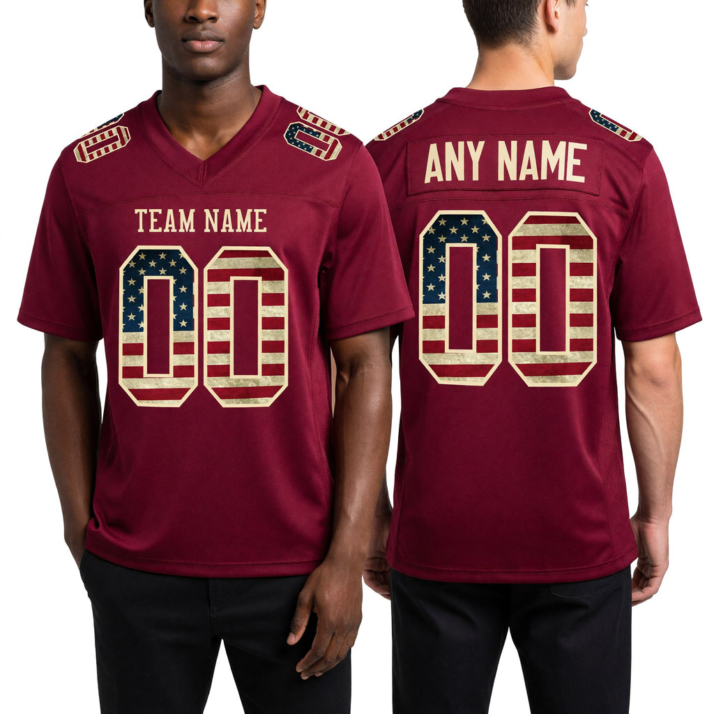 Custom Burgundy Vintage USA Flag-City Cream Mesh Authentic Football Jersey worn front and back