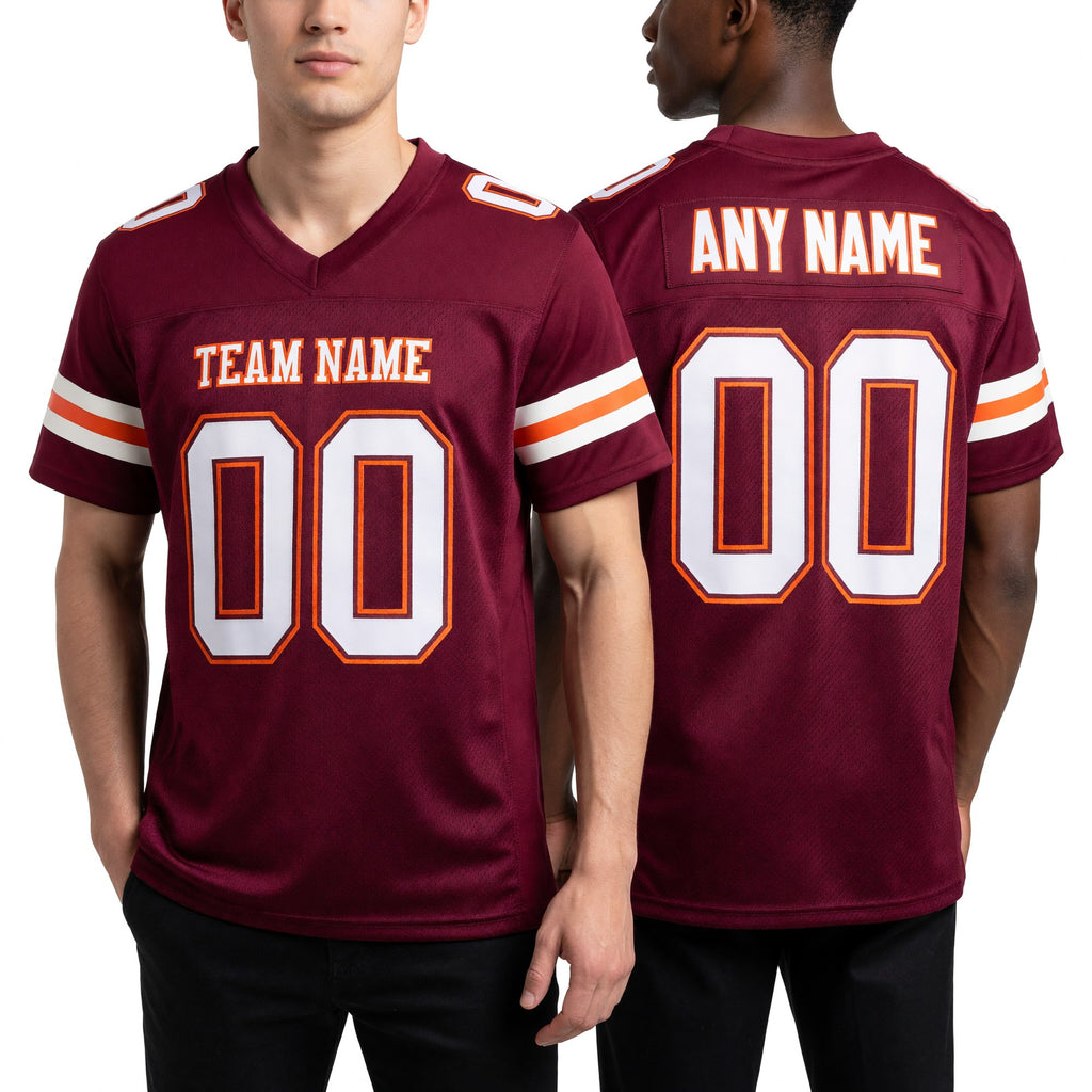 Custom Burgundy White-Orange Mesh Authentic Football Jersey worn front and back