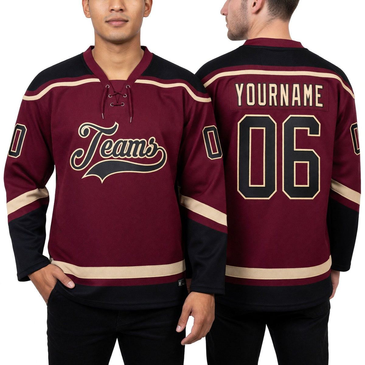 Custom Burgundy Black-City Cream Hockey Lace Neck Jersey worn front and back