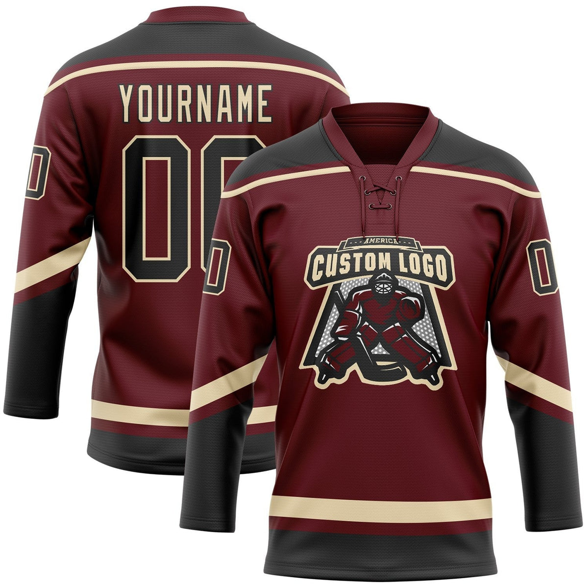 Custom Burgundy Black-City Cream Hockey Lace Neck Jersey photo 2