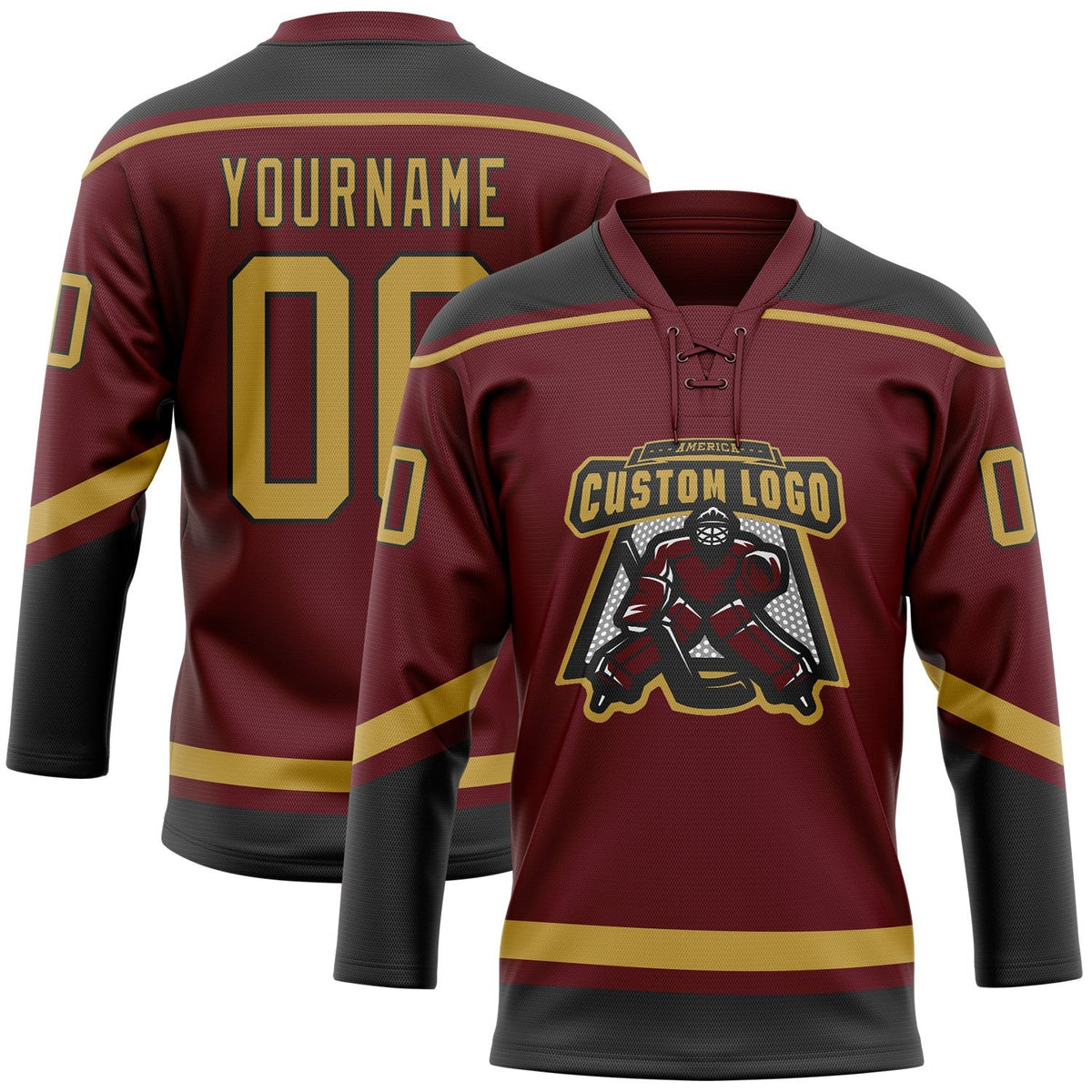 Custom Burgundy Old Gold-Black Hockey Lace Neck Jersey photo 2
