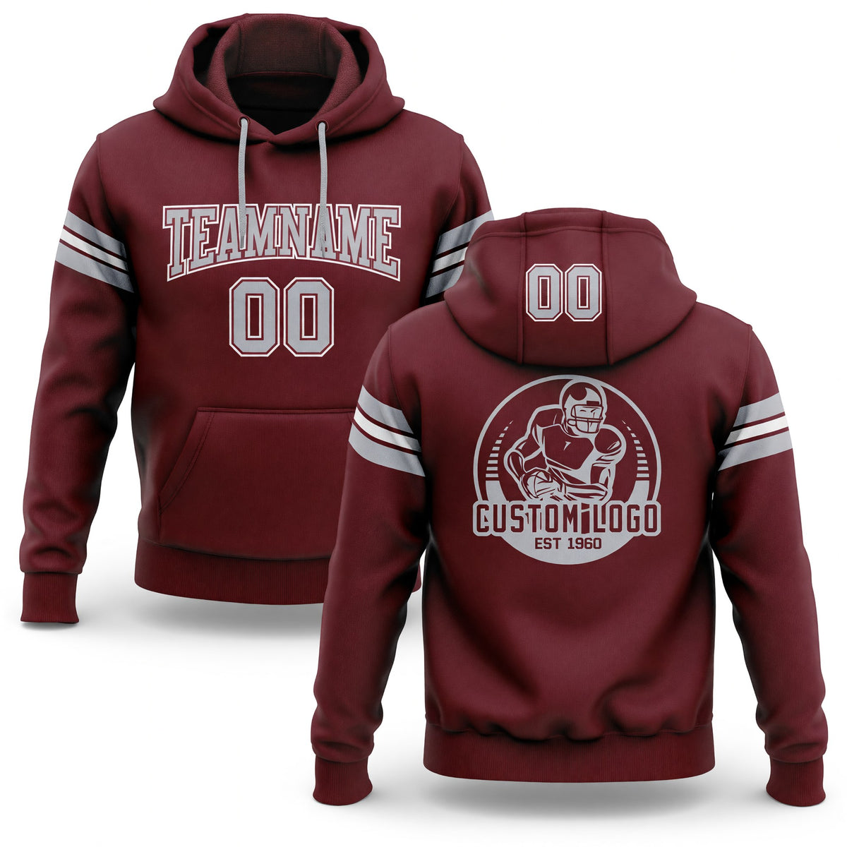 Custom Stitched Burgundy Gray-White Football Pullover Sweatshirt Hoodie