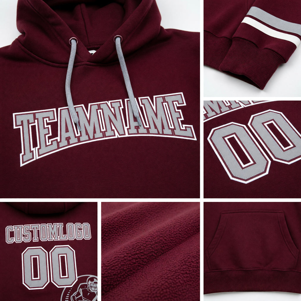 Custom Stitched Burgundy Gray-White Football Pullover Sweatshirt Hoodie detail