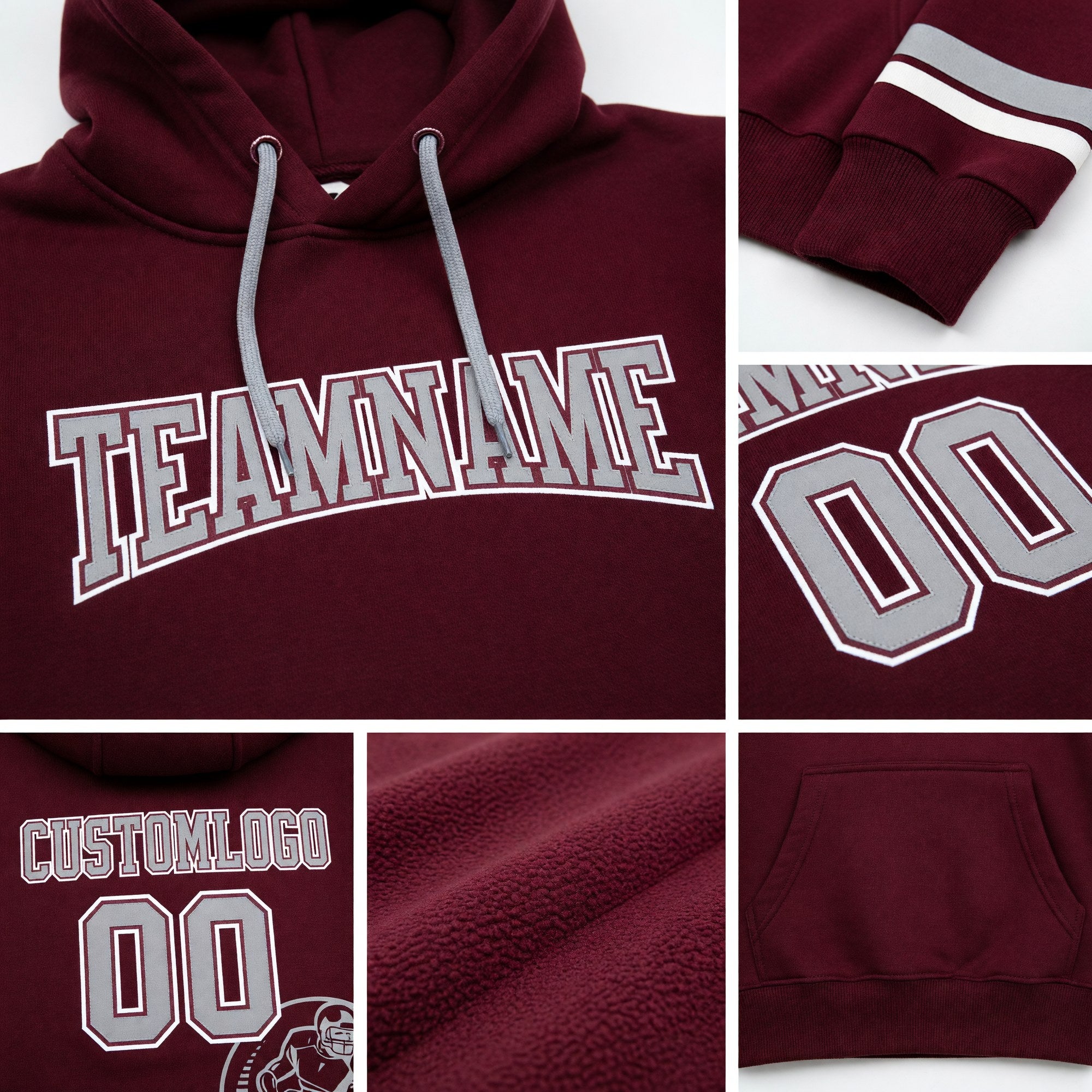 Custom Stitched Burgundy Gray-White Football Pullover Sweatshirt Hoodie detail