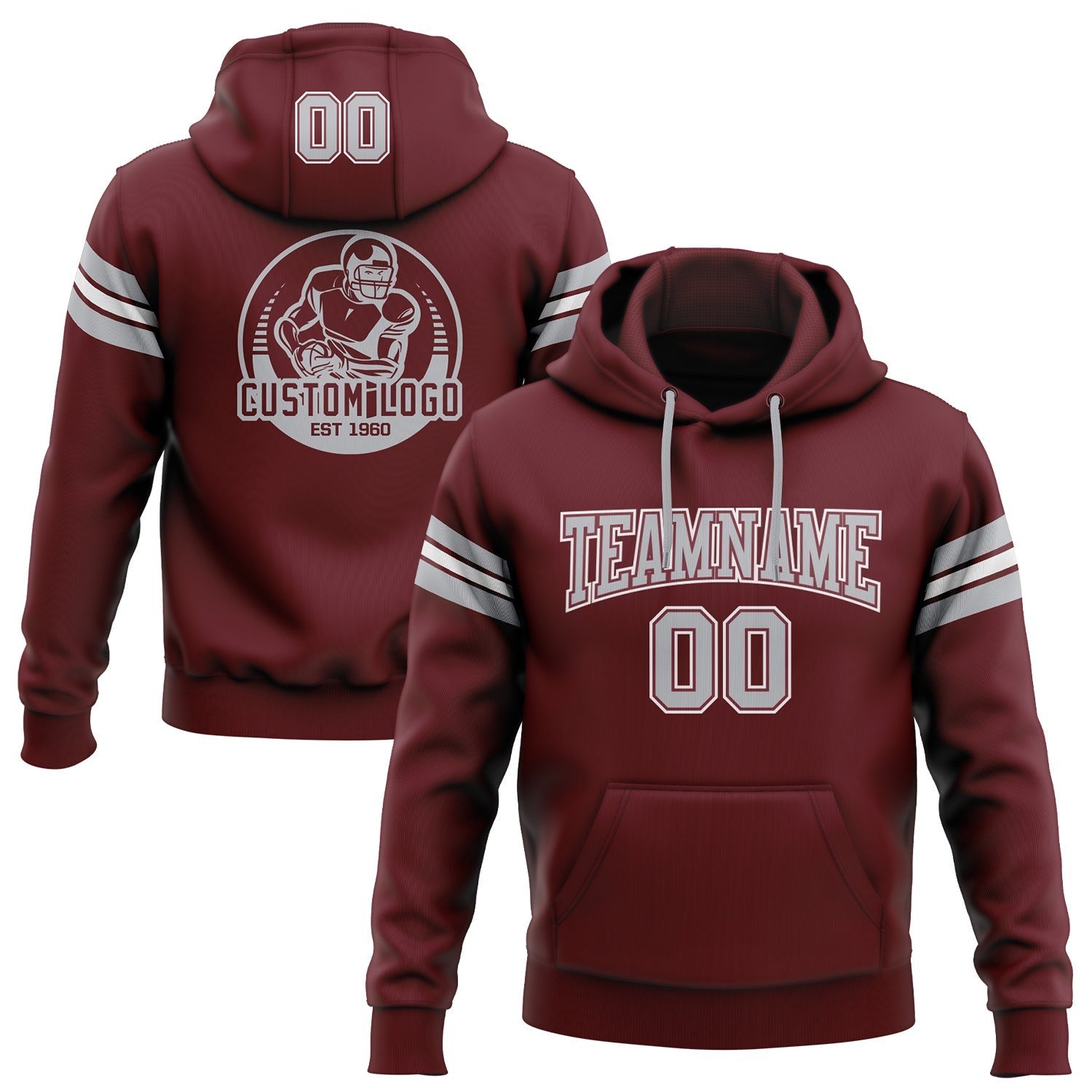 Custom Stitched Burgundy Gray-White Football Pullover Sweatshirt Hoodie photo 1