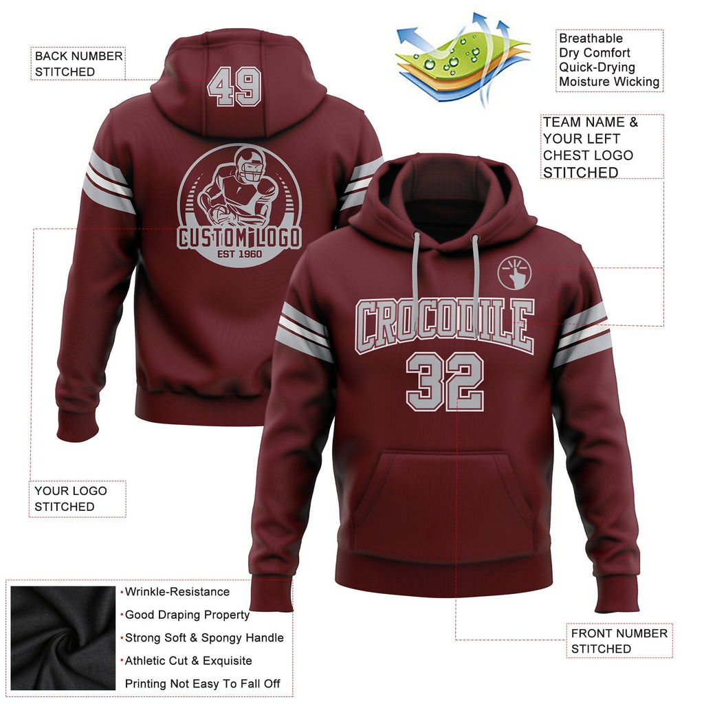 Custom Stitched Burgundy Gray-White Football Pullover Sweatshirt Hoodie photo 2