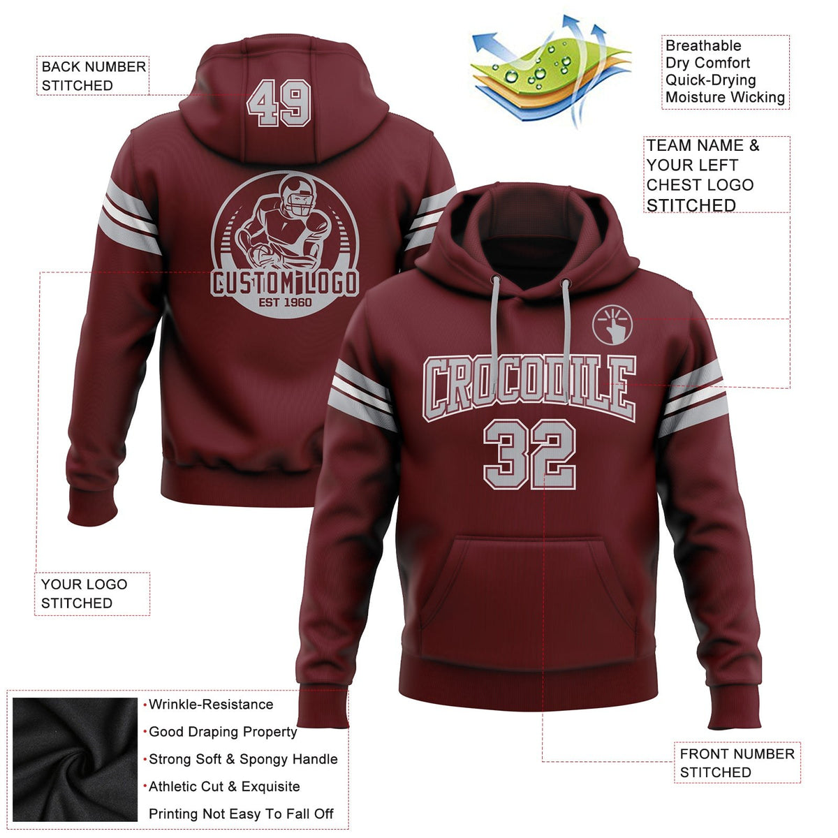 Custom Stitched Burgundy Gray-White Football Pullover Sweatshirt Hoodie photo 2