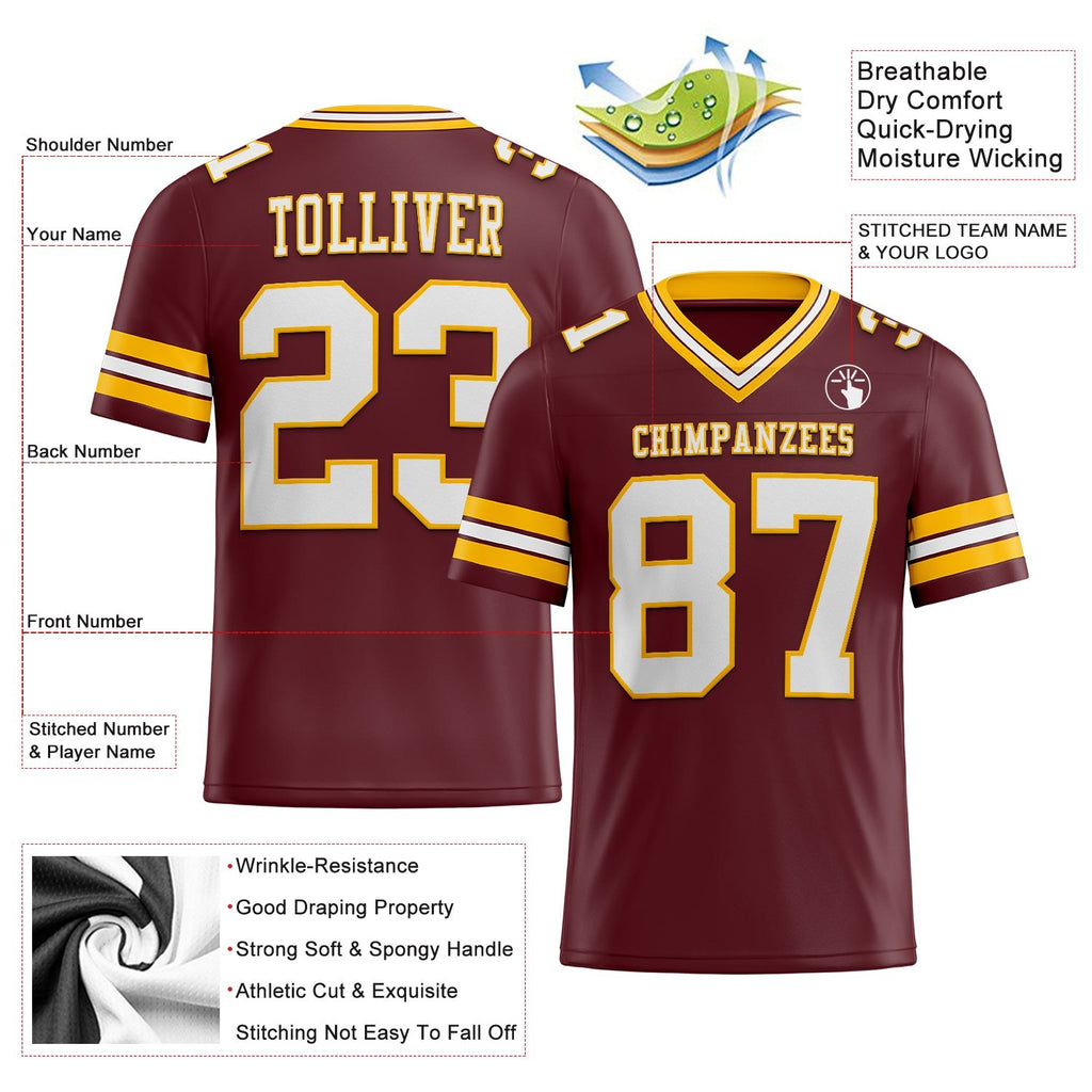Custom Burgundy White-Gold Authentic Football Jersey photo 2
