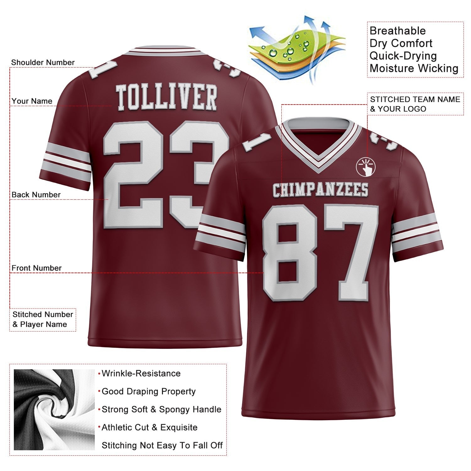 Custom Burgundy White-Gray Authentic Football Jersey photo 2