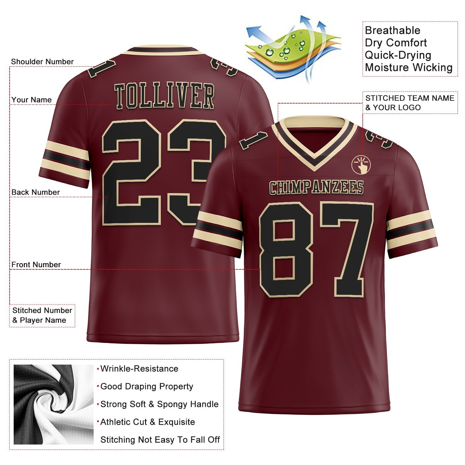 Custom Burgundy Black-City Cream Authentic Football Jersey photo 2