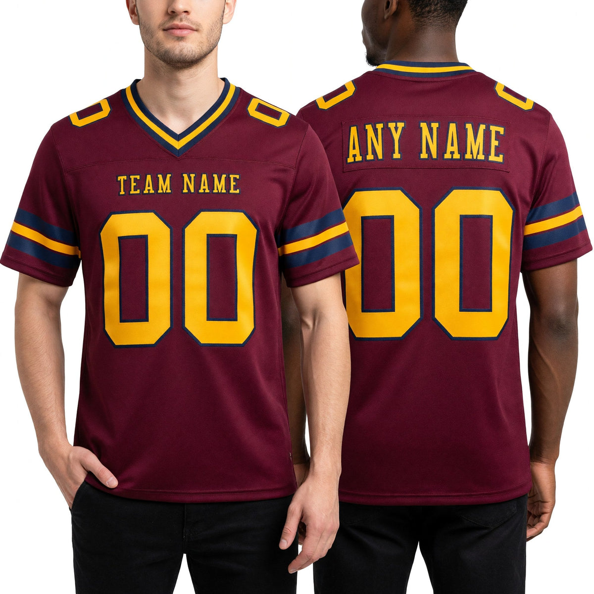 Custom Burgundy Gold-Navy Authentic Football Jersey worn front and back