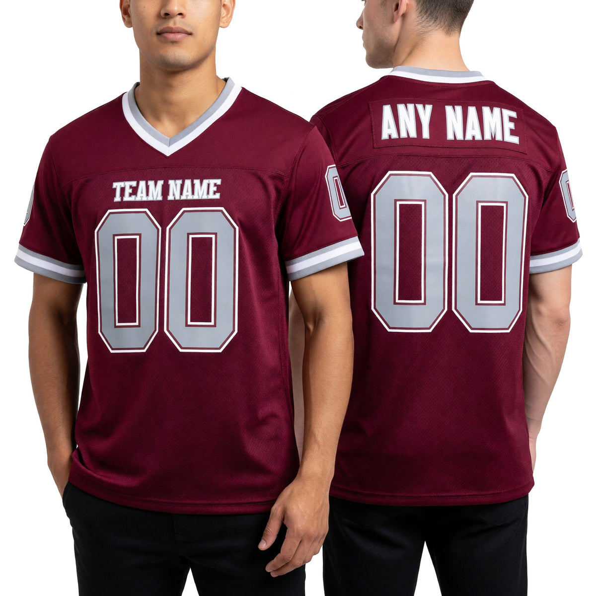 Custom Burgundy Gray-White Mesh Authentic Throwback Football Jersey worn front and back