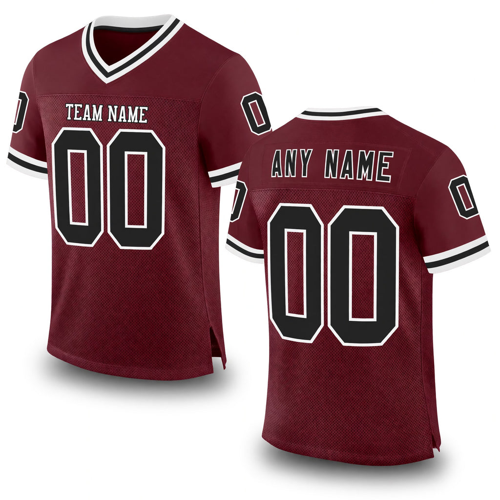 Custom Burgundy Black-White Mesh Authentic Throwback Football Jersey