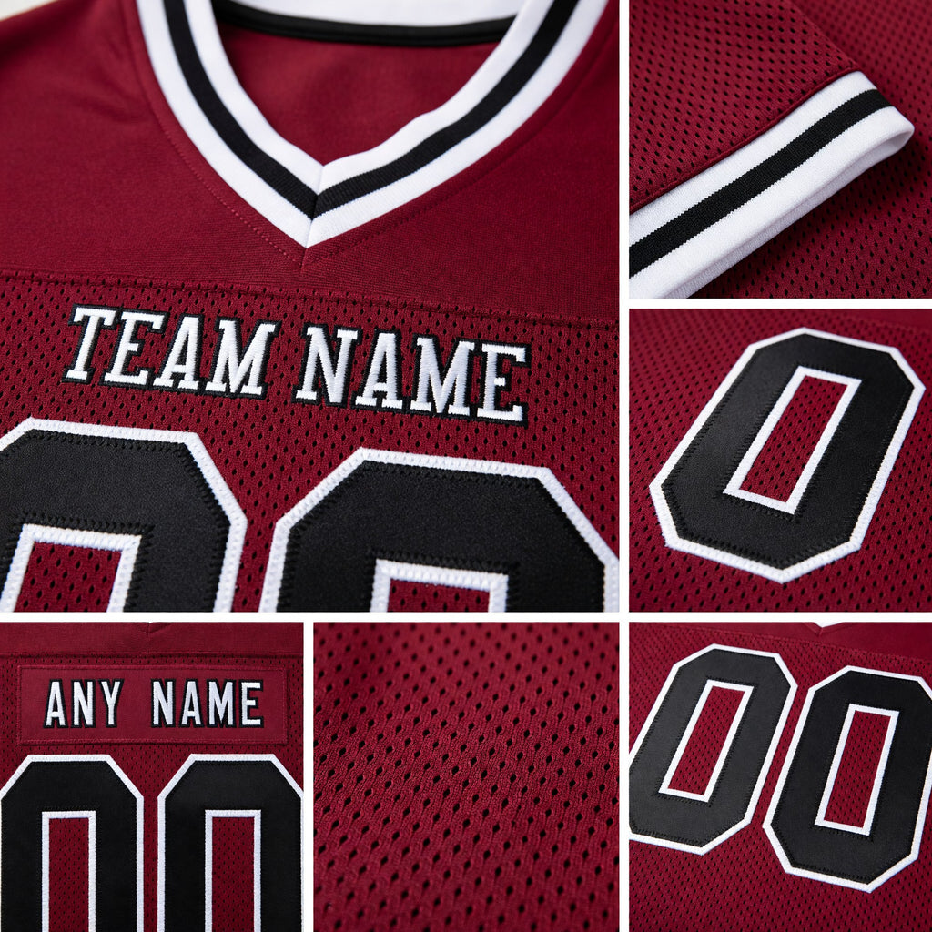 Custom Burgundy Black-White Mesh Authentic Throwback Football Jersey detail