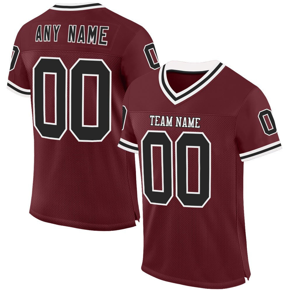 Custom Burgundy Black-White Mesh Authentic Throwback Football Jersey photo 1