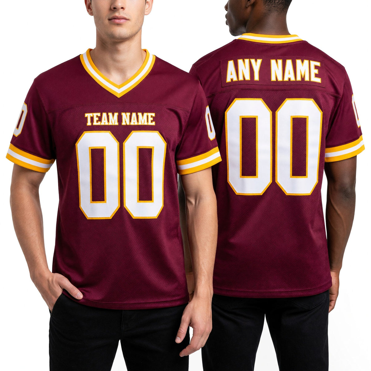 Custom Burgundy White-Old Gold Mesh Authentic Throwback Football Jersey worn front and back