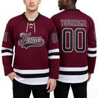 Custom Burgundy Black-White Hockey Lace Neck Jersey worn front and back