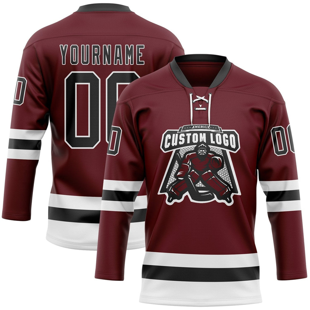 Custom Burgundy Black-White Hockey Lace Neck Jersey photo 2