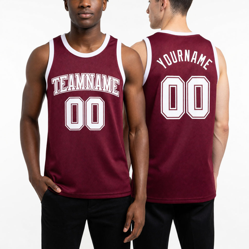 Custom Burgundy White Authentic Basketball Jersey worn front and back