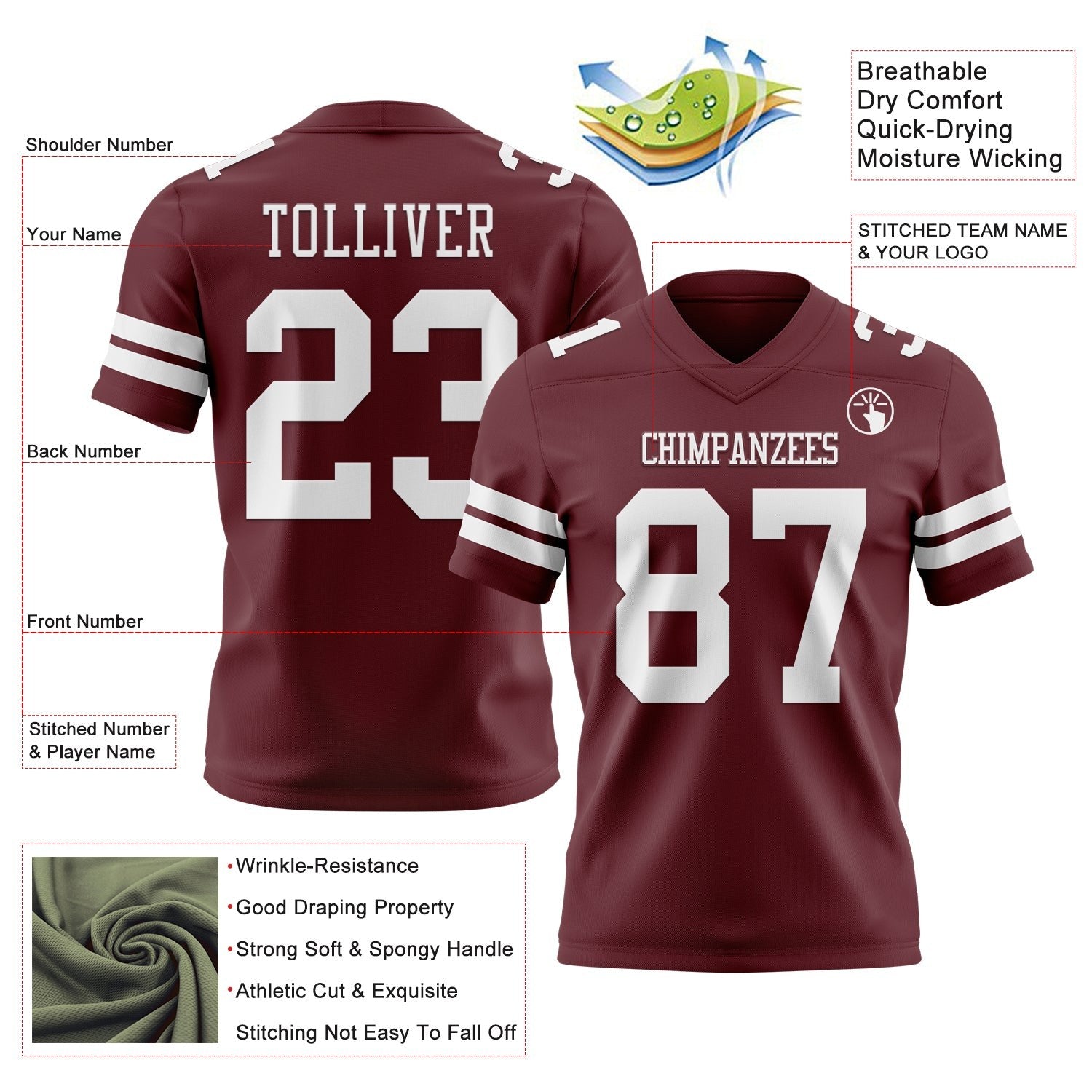Custom Burgundy White Authentic Football Jersey photo 3