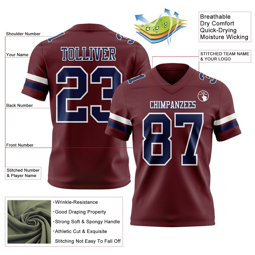 Custom Burgundy Navy-White Authentic Football Jersey photo 3