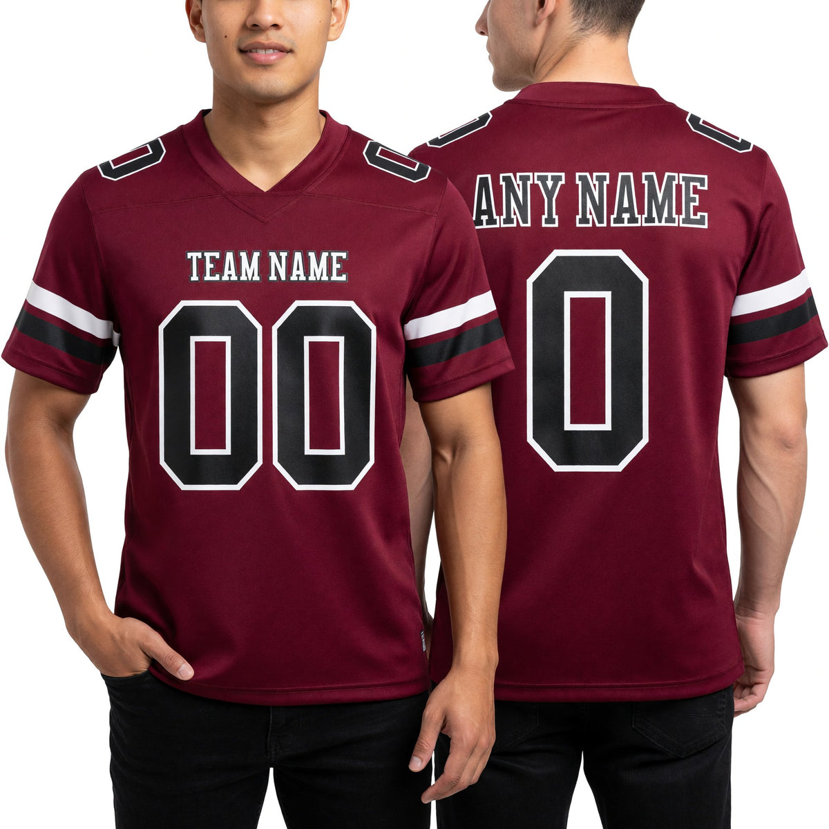 Custom Burgundy Black-White Authentic Football Jersey worn front and back