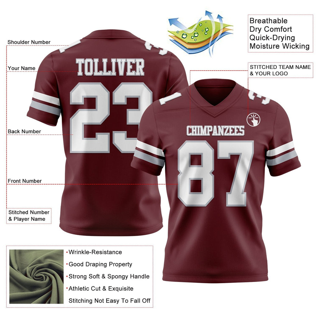 Custom Burgundy White-Gray Authentic Football Jersey photo 3