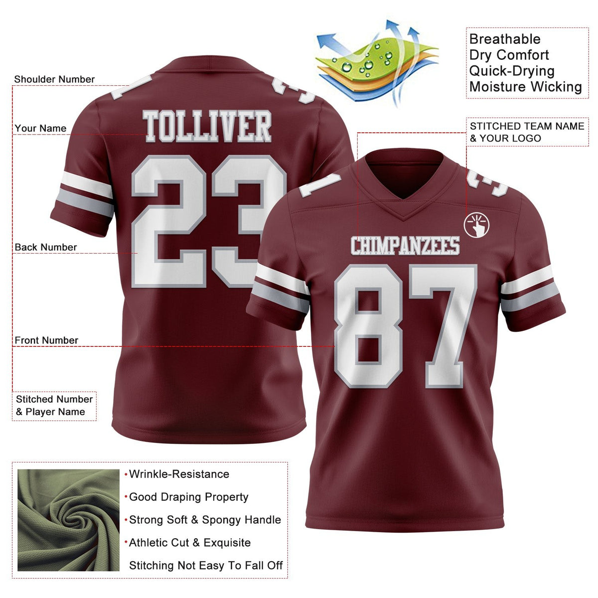 Custom Burgundy White-Gray Authentic Football Jersey photo 3