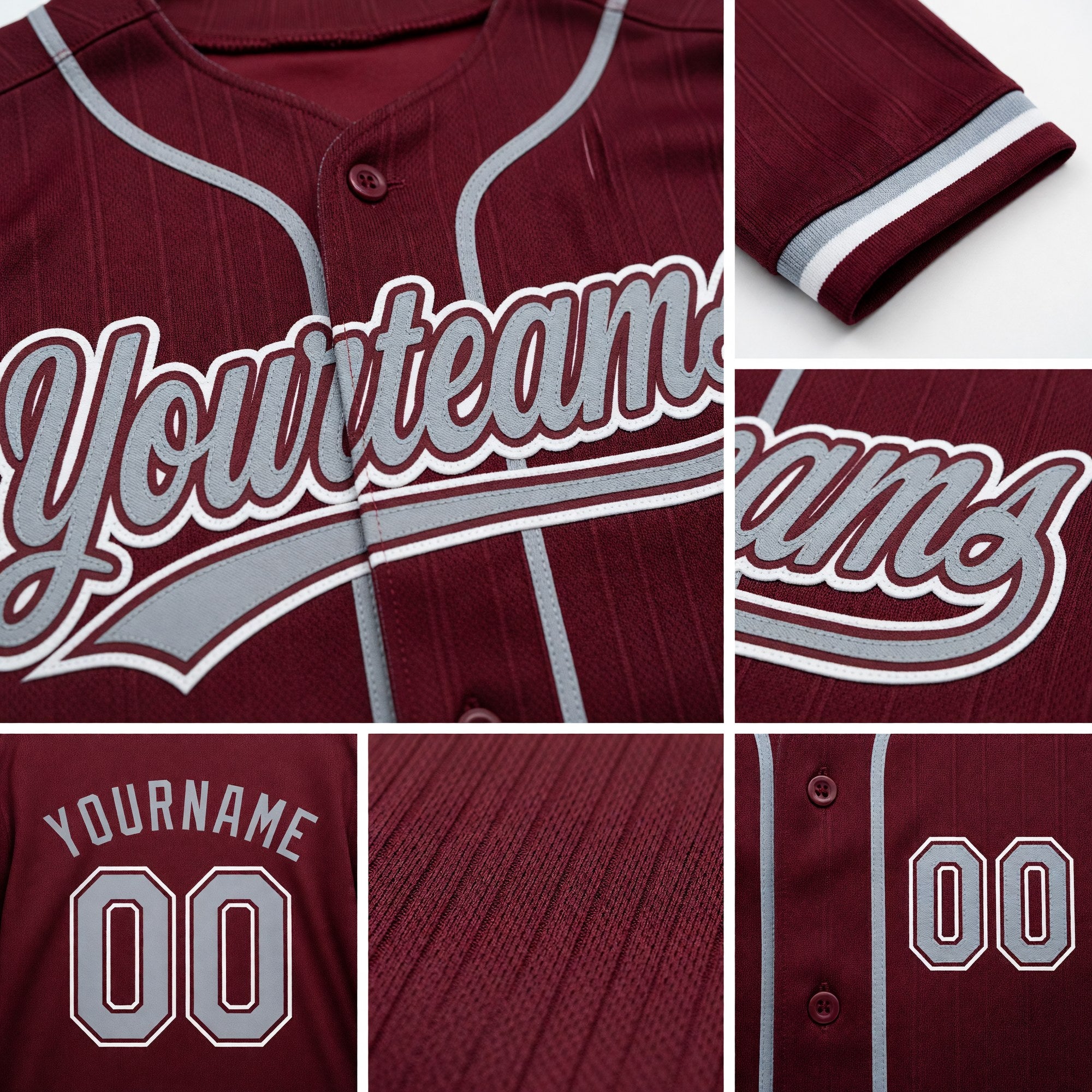 Custom Stitched Burgundy Gray-White Baseball Pullover Sweatshirt Hoodie detail
