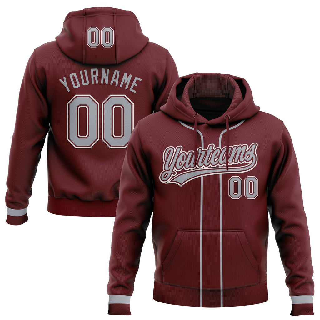 Custom Stitched Burgundy Gray-White Baseball Pullover Sweatshirt Hoodie photo 1