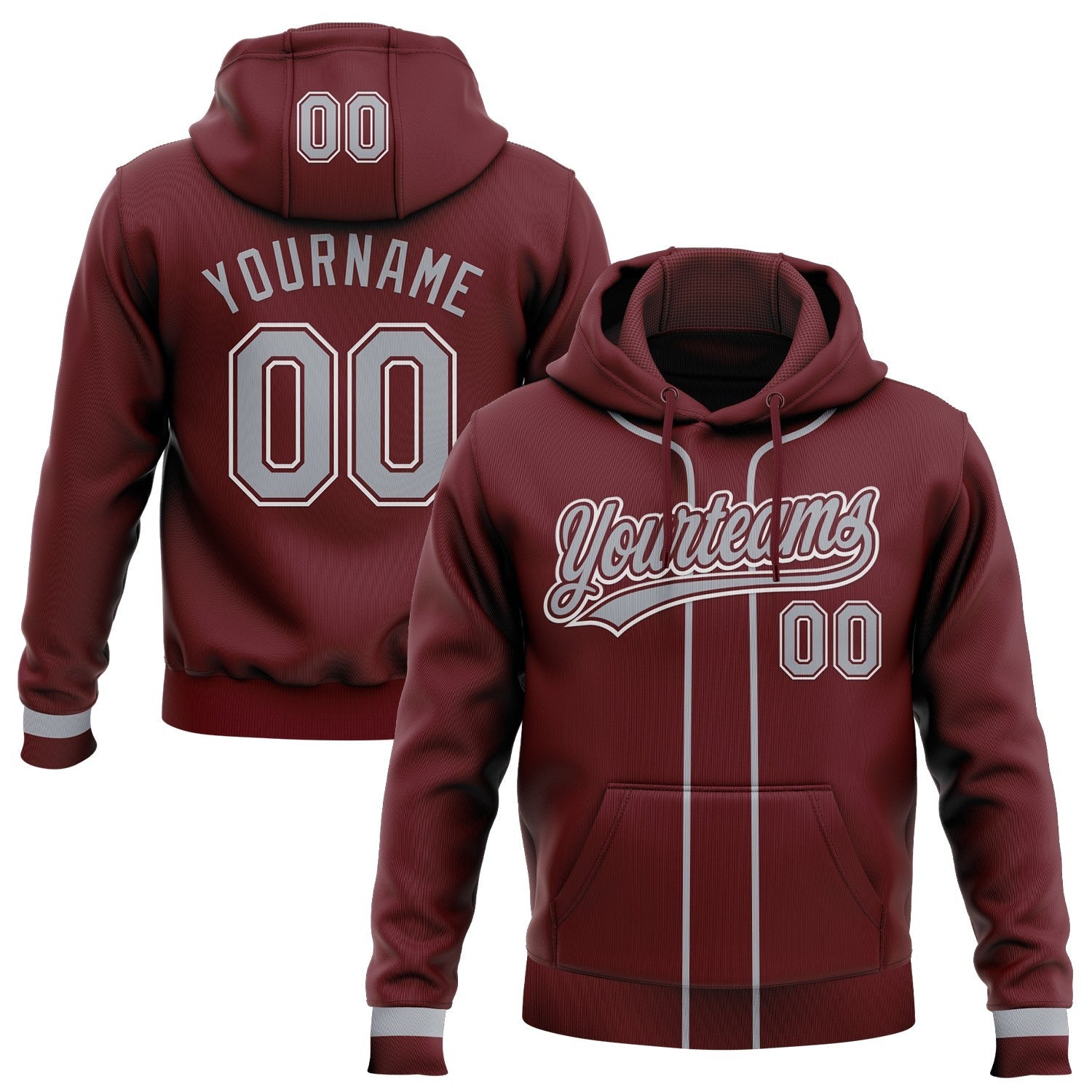Custom Stitched Burgundy Gray-White Baseball Pullover Sweatshirt Hoodie photo 1