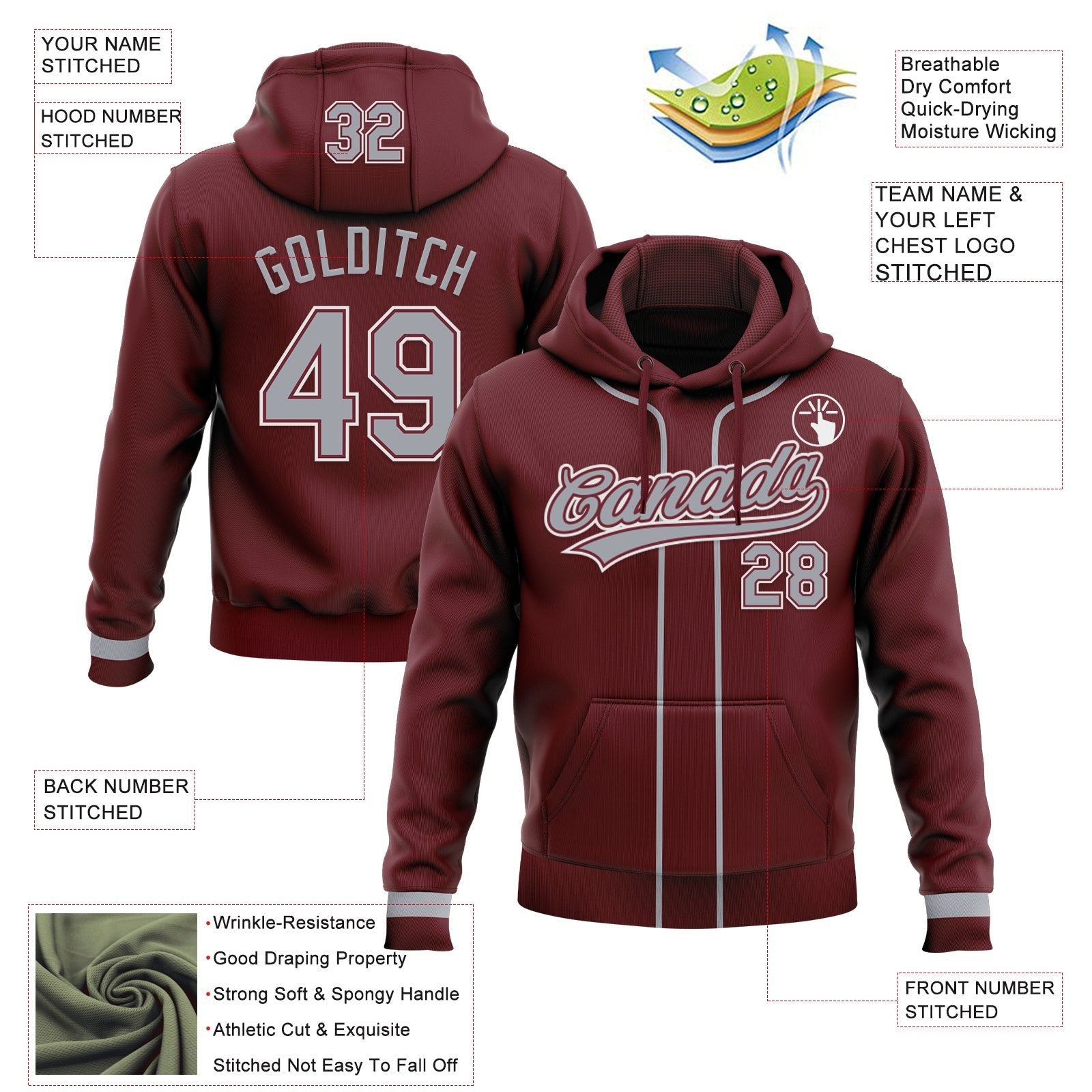 Custom Stitched Burgundy Gray-White Baseball Pullover Sweatshirt Hoodie photo 2