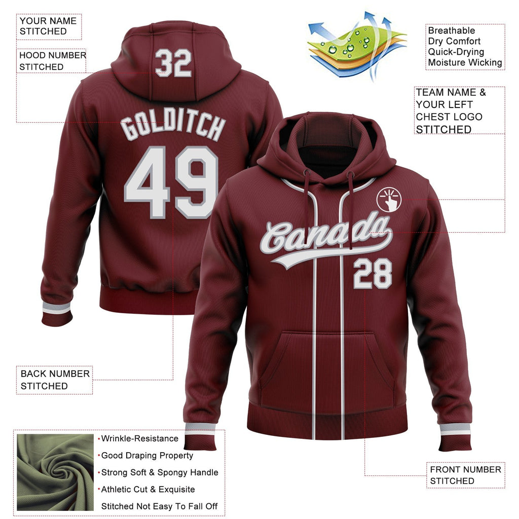 Custom Stitched Burgundy White-Gray Baseball Pullover Sweatshirt Hoodie photo 2