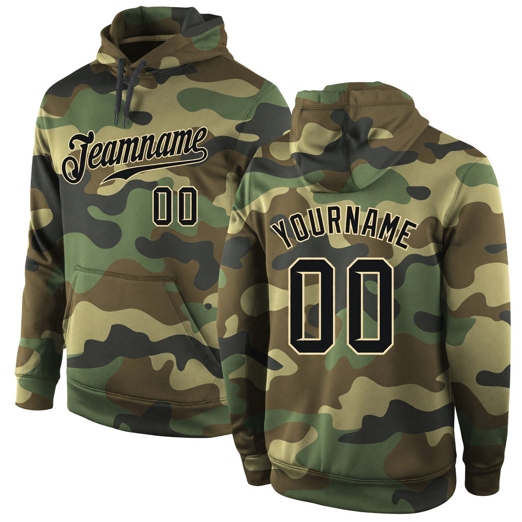 Custom Stitched Camo Black-Cream Sports Pullover Sweatshirt Salute To Service Hoodie