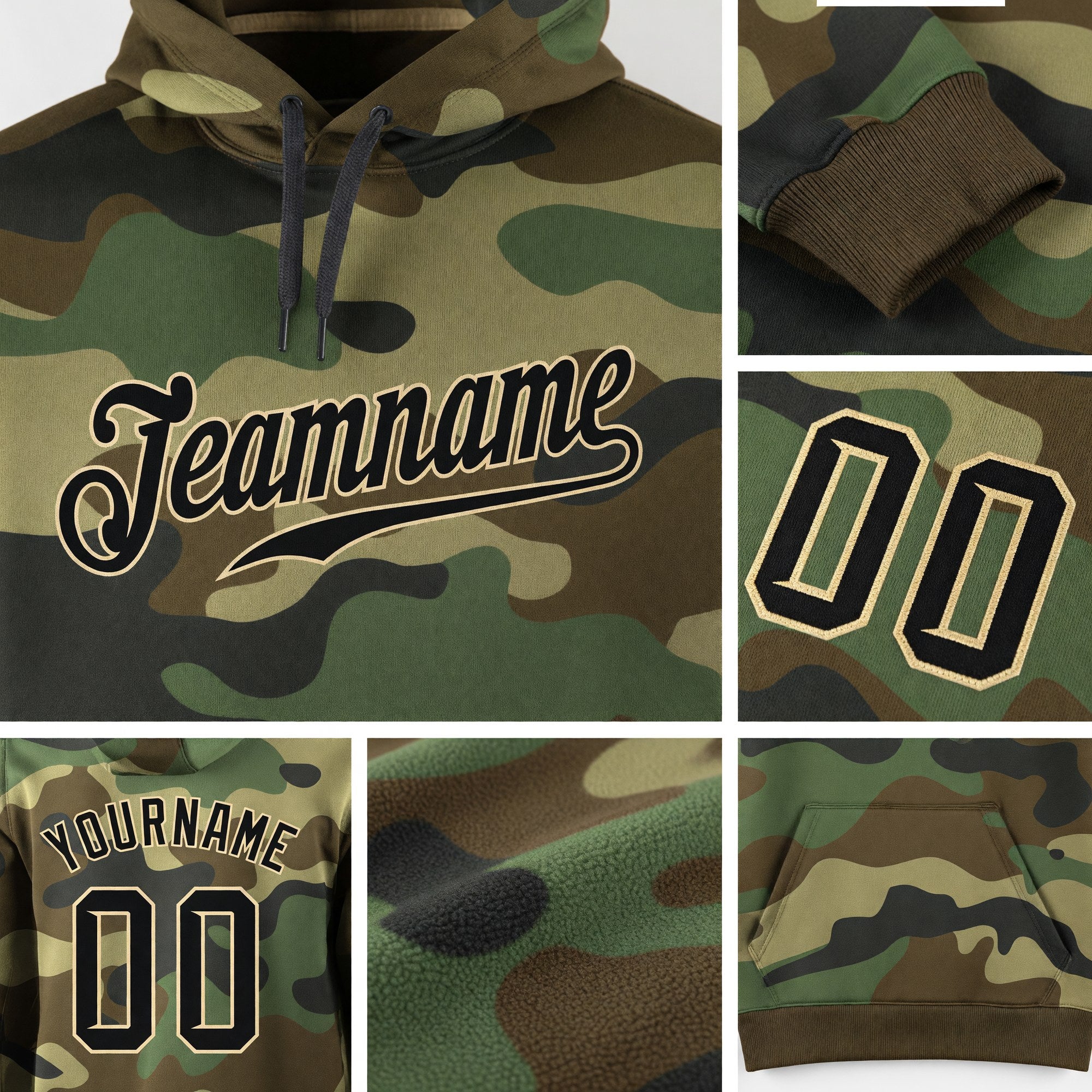 Custom Stitched Camo Black-Cream Sports Pullover Sweatshirt Salute To Service Hoodie detail