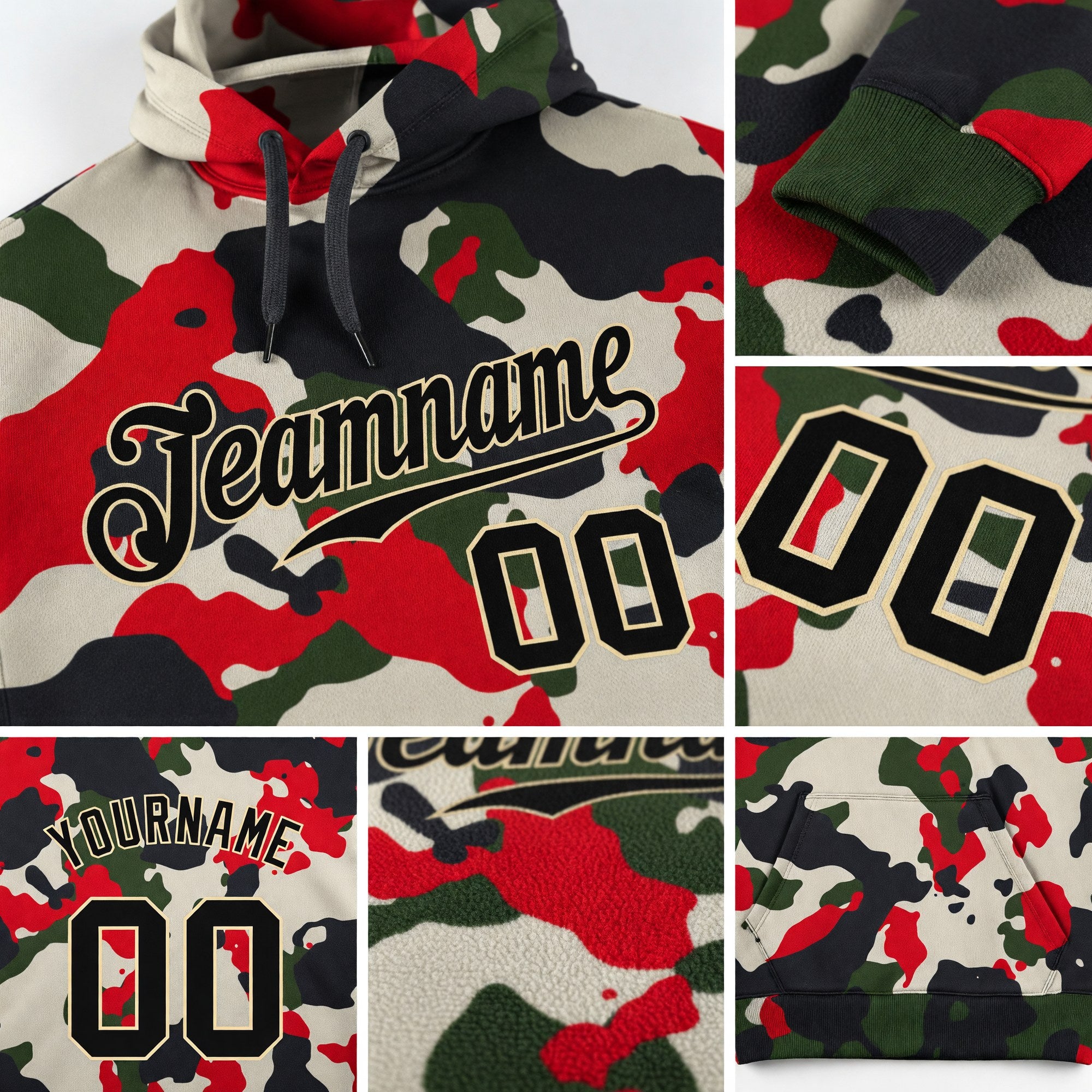 Custom Stitched Camo Black-Cream Sports Pullover Sweatshirt Salute To Service Hoodie detail