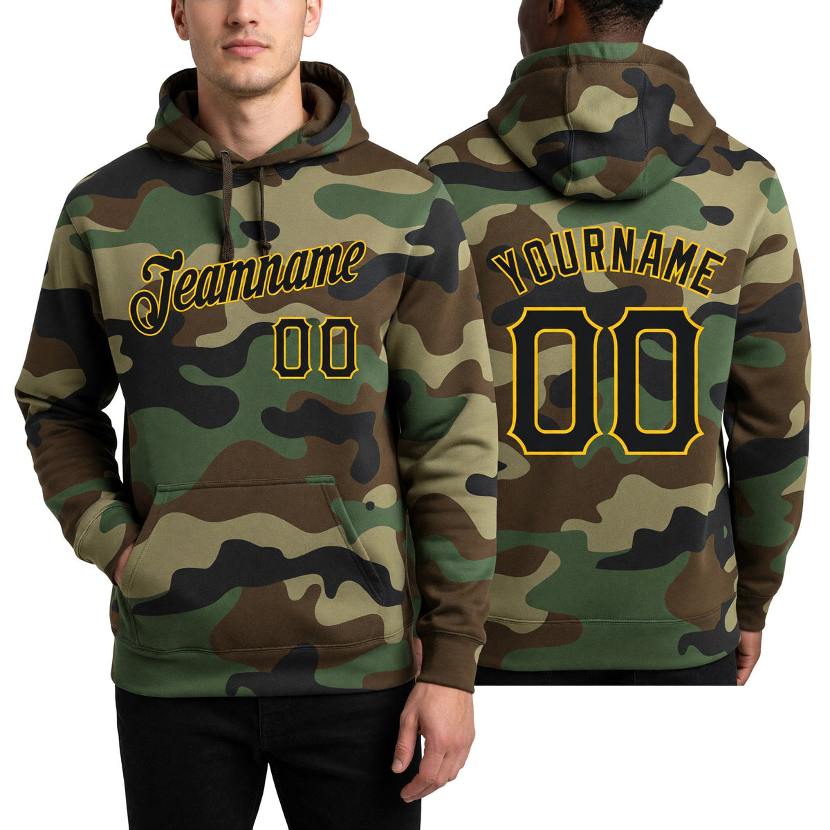 Custom Stitched Camo Black-Gold Sports Pullover Sweatshirt Salute To Service Hoodie worn front and back