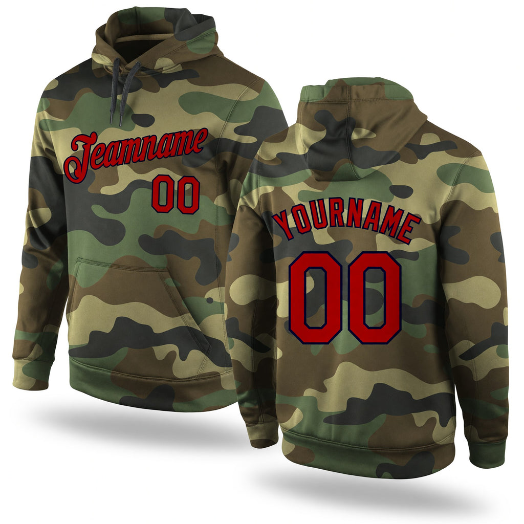 Custom Stitched Camo Red-Navy Sports Pullover Sweatshirt Salute To Service Hoodie